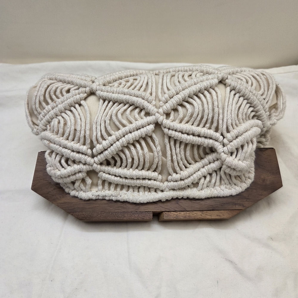 Boho Macramé Woven Clutch | Wooden Frame Coastal Summer Bag - Picture 2 of 7